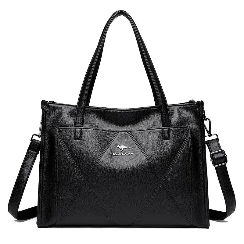 Genuine Leather Tote Bags Women's Large Zipper Stitch Plaid Outer Pocket Handbag
