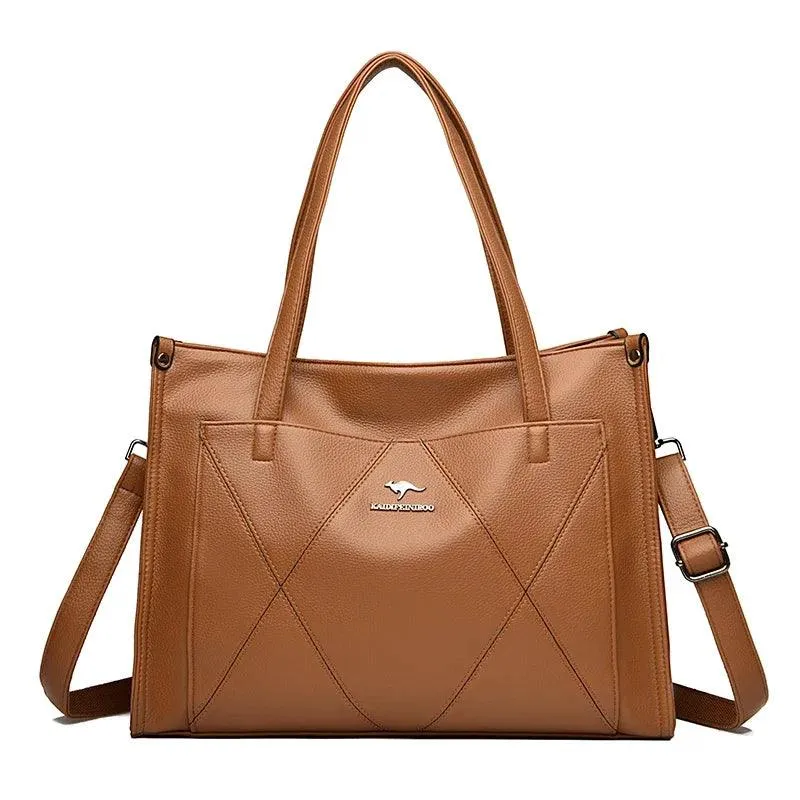Genuine Leather Tote Bags Women's Large Zipper Stitch Plaid Outer Pocket Handbag
