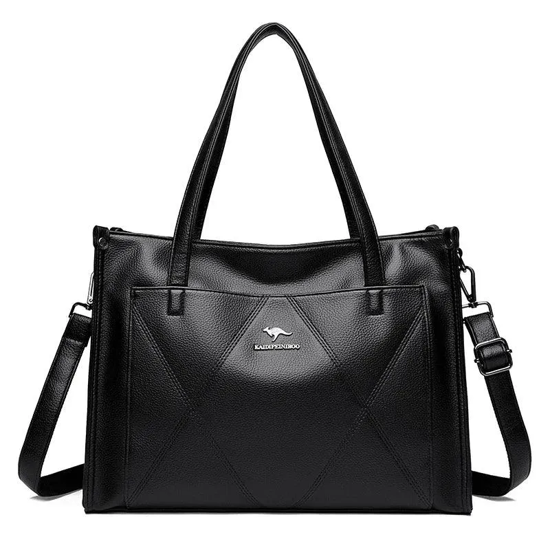 Genuine Leather Tote Bags Women's Large Zipper Stitch Plaid Outer Pocket Handbag