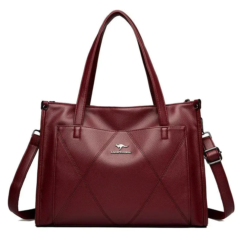 Genuine Leather Tote Bags Women's Large Zipper Stitch Plaid Outer Pocket Handbag