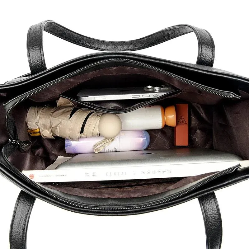 Genuine Leather Tote Bags Women's Large Zipper Stitch Plaid Outer Pocket Handbag