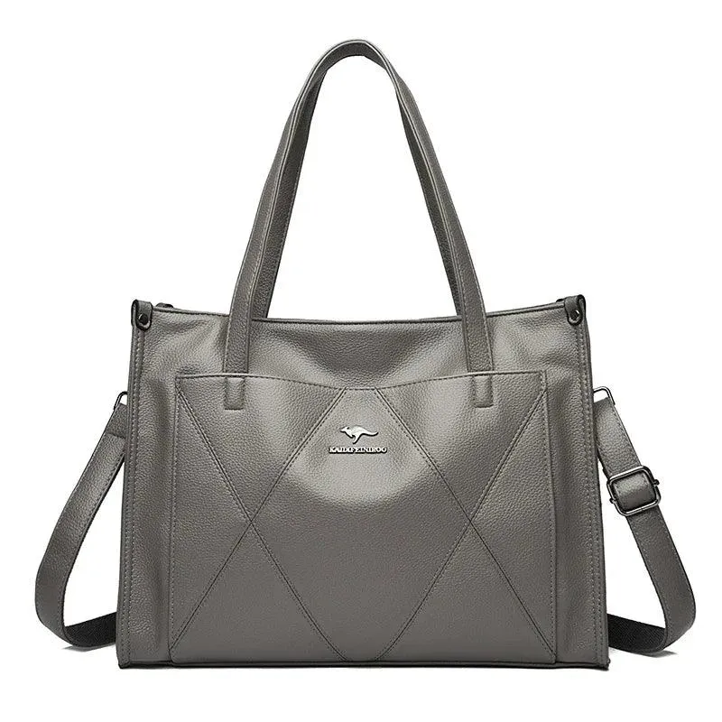 Genuine Leather Tote Bags Women's Large Zipper Stitch Plaid Outer Pocket Handbag