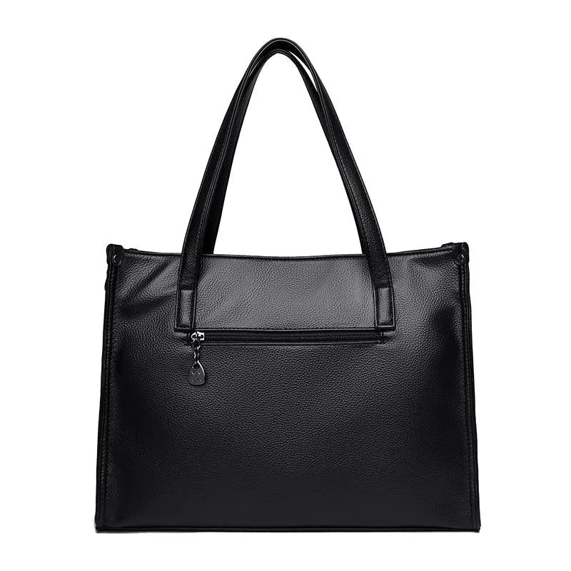 Genuine Leather Tote Bags Women's Large Zipper Stitch Plaid Outer Pocket Handbag