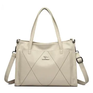 Genuine Leather Tote Bags Women's Large Zipper Stitch Plaid Outer Pocket Handbag