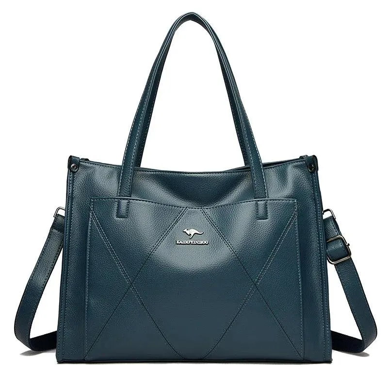 Genuine Leather Tote Bags Women's Large Zipper Stitch Plaid Outer Pocket Handbag