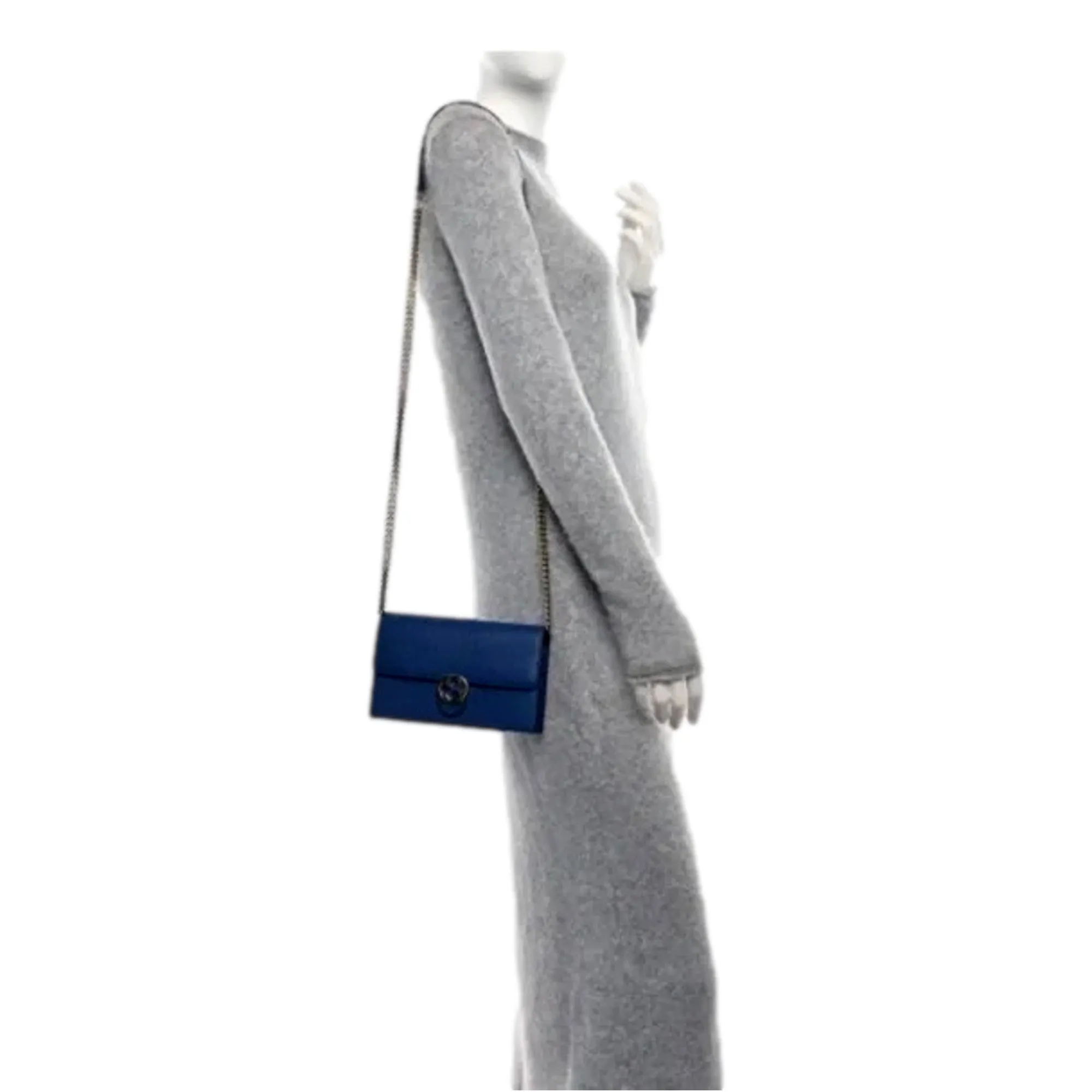 Gucci Blue Marmont GG Womens Leather Wallet on Chain Crossbody Bag