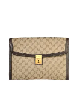 Gucci Vintage Brown GG Logo Monogram Fabric Leather Portfolio Clutch Bag