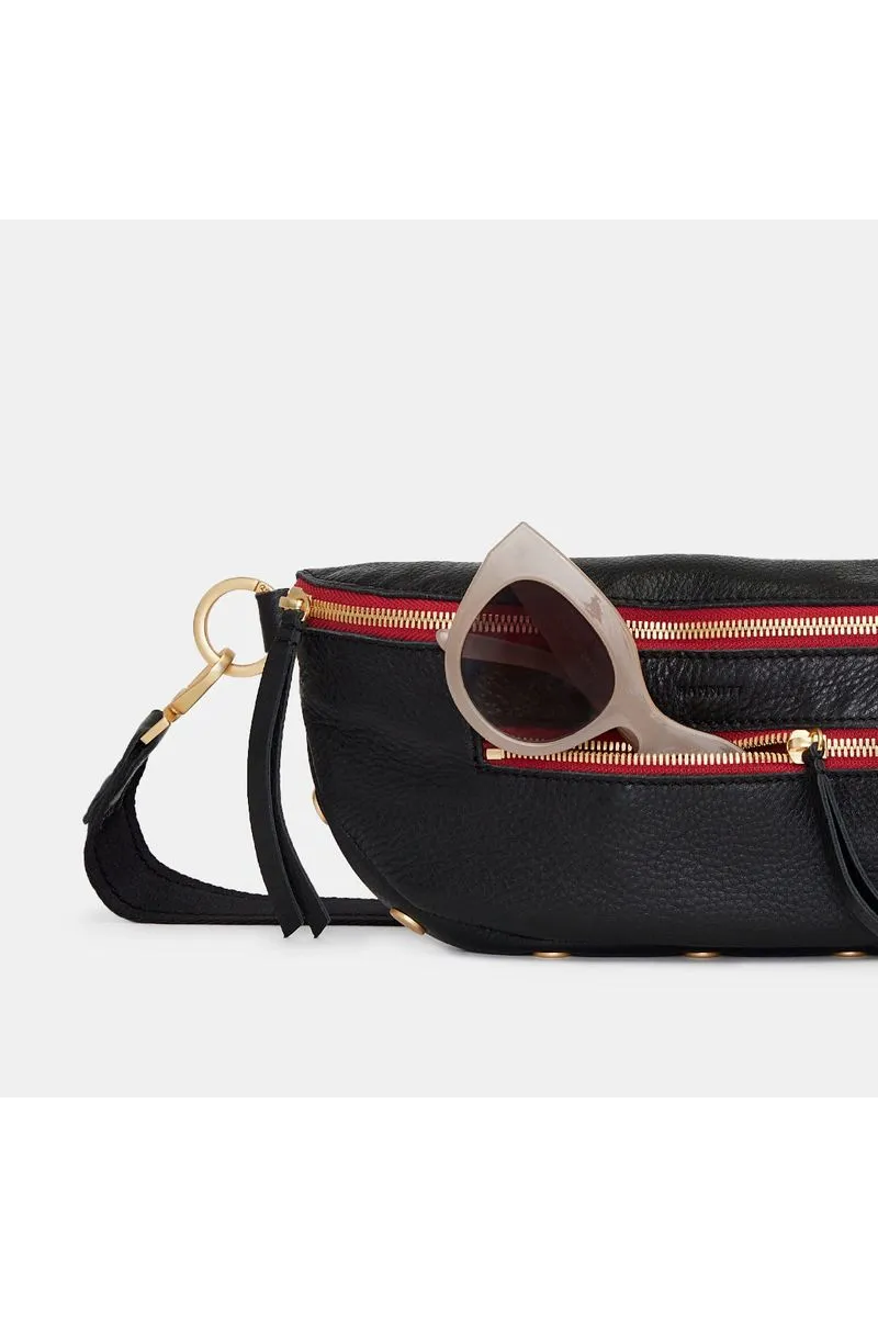 Hammitt Charles Medium Belt Bag 17330 | Black/Brushed Gold Red Zip