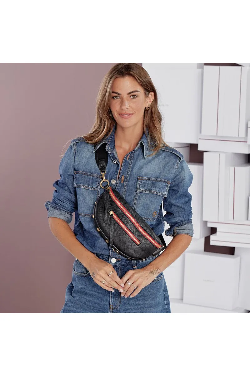 Hammitt Charles Medium Belt Bag 17330 | Black/Brushed Gold Red Zip