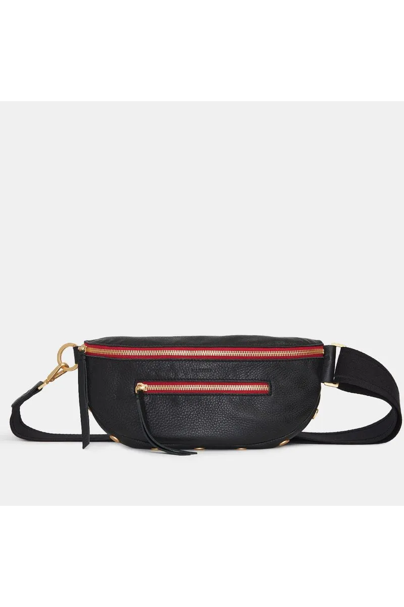 Hammitt Charles Medium Belt Bag 17330 | Black/Brushed Gold Red Zip