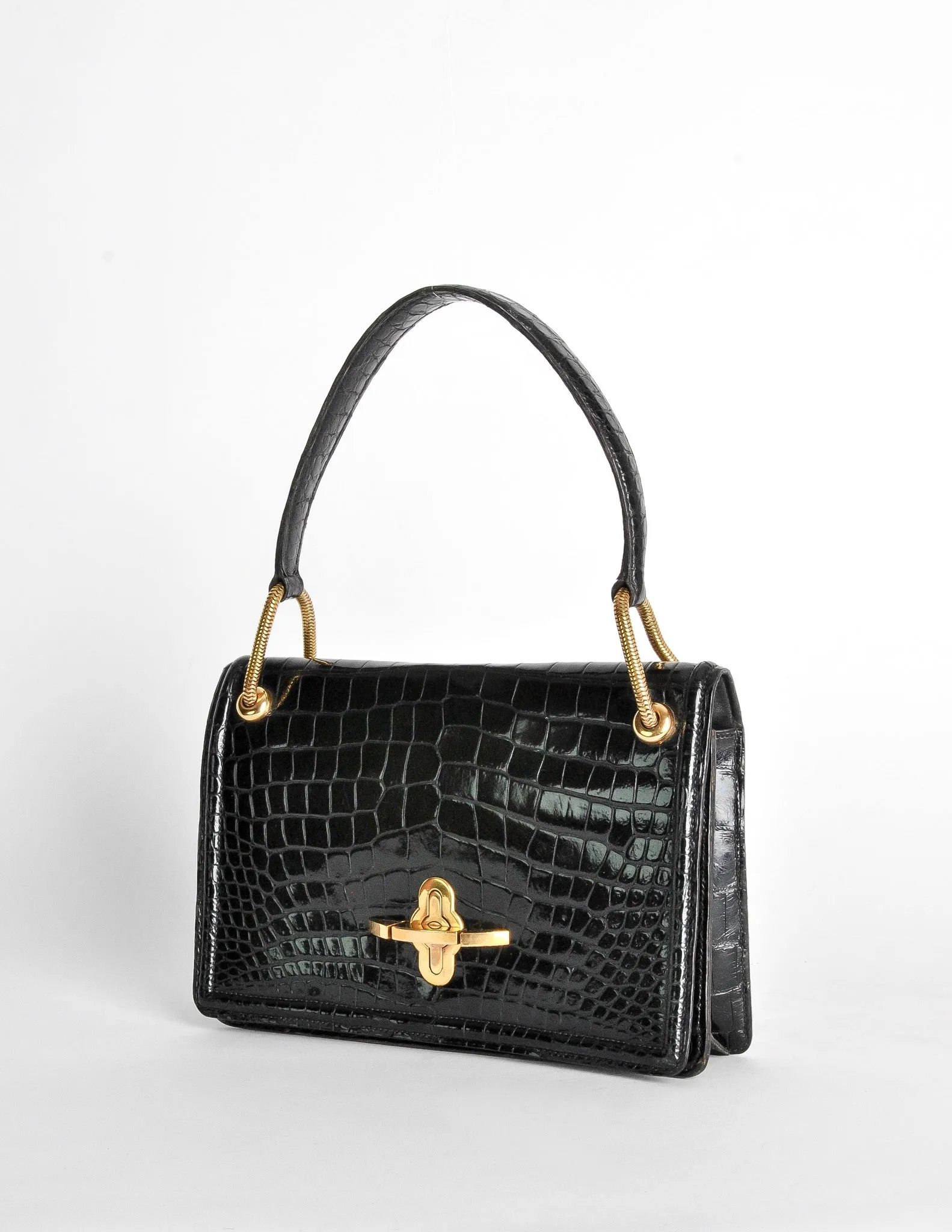 Hermes Vintage 1960s Black Crocodile Skin Top Handle Handbag