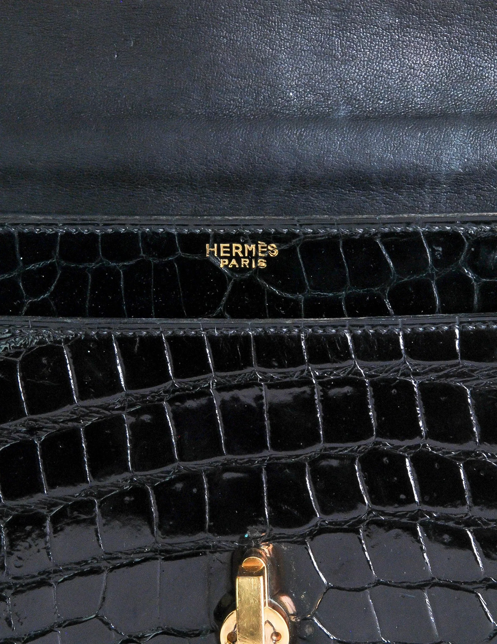 Hermes Vintage 1960s Black Crocodile Skin Top Handle Handbag