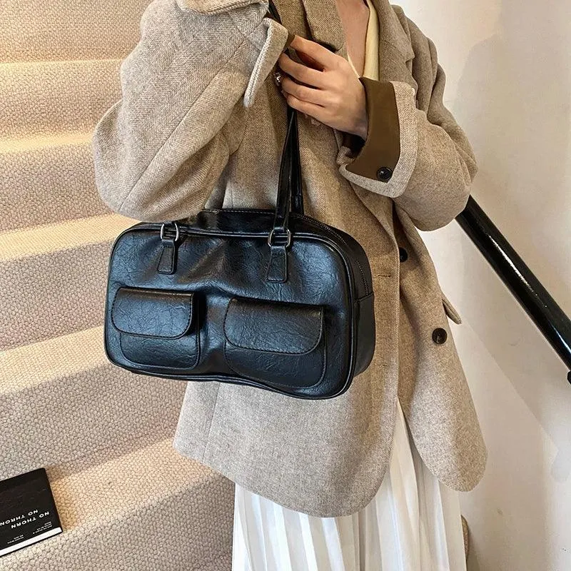 Leather Women Tote Bags Zipper Large Double Flap Outer Pocket Handbags