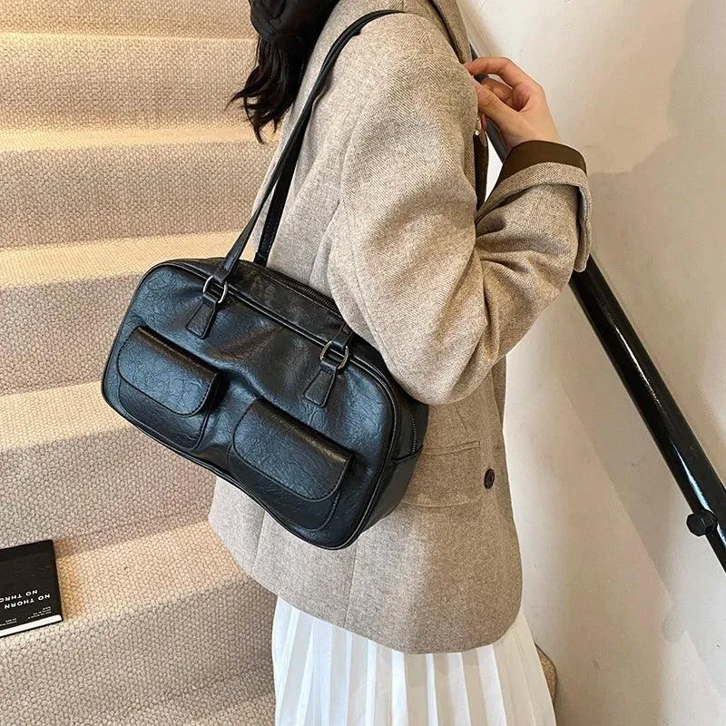 Leather Women Tote Bags Zipper Large Double Flap Outer Pocket Handbags