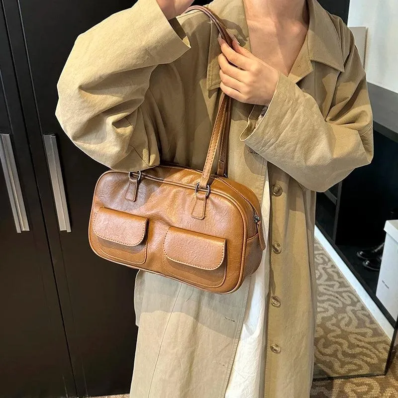 Leather Women Tote Bags Zipper Large Double Flap Outer Pocket Handbags
