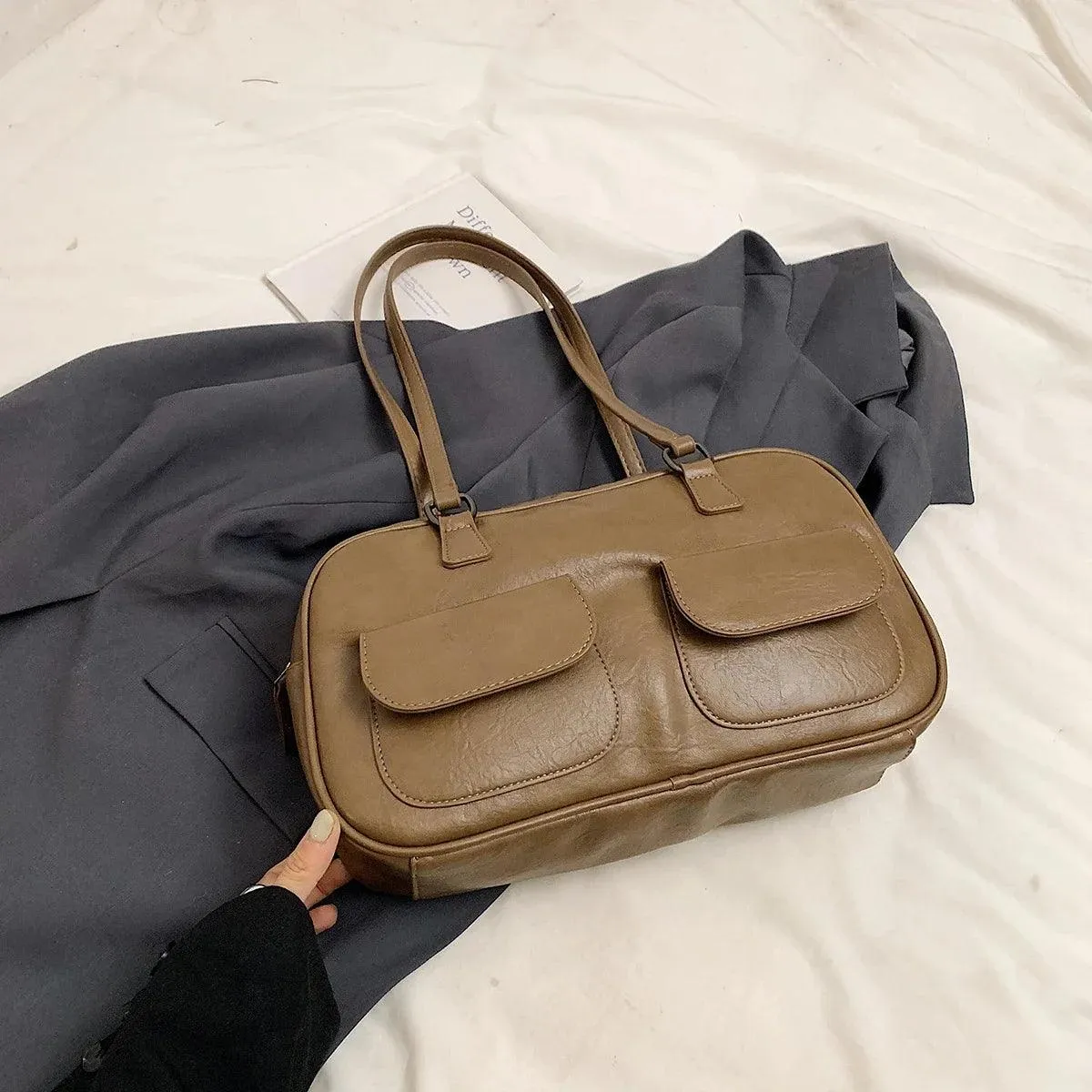 Leather Women Tote Bags Zipper Large Double Flap Outer Pocket Handbags