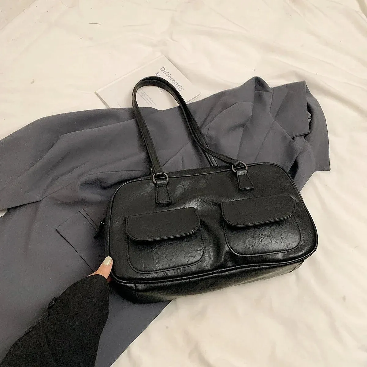 Leather Women Tote Bags Zipper Large Double Flap Outer Pocket Handbags