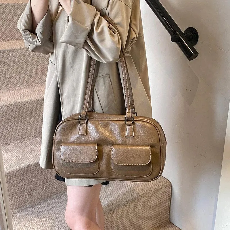 Leather Women Tote Bags Zipper Large Double Flap Outer Pocket Handbags
