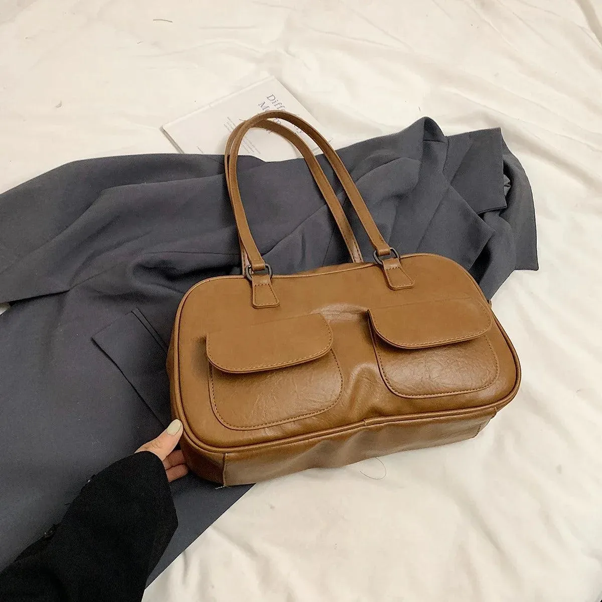 Leather Women Tote Bags Zipper Large Double Flap Outer Pocket Handbags