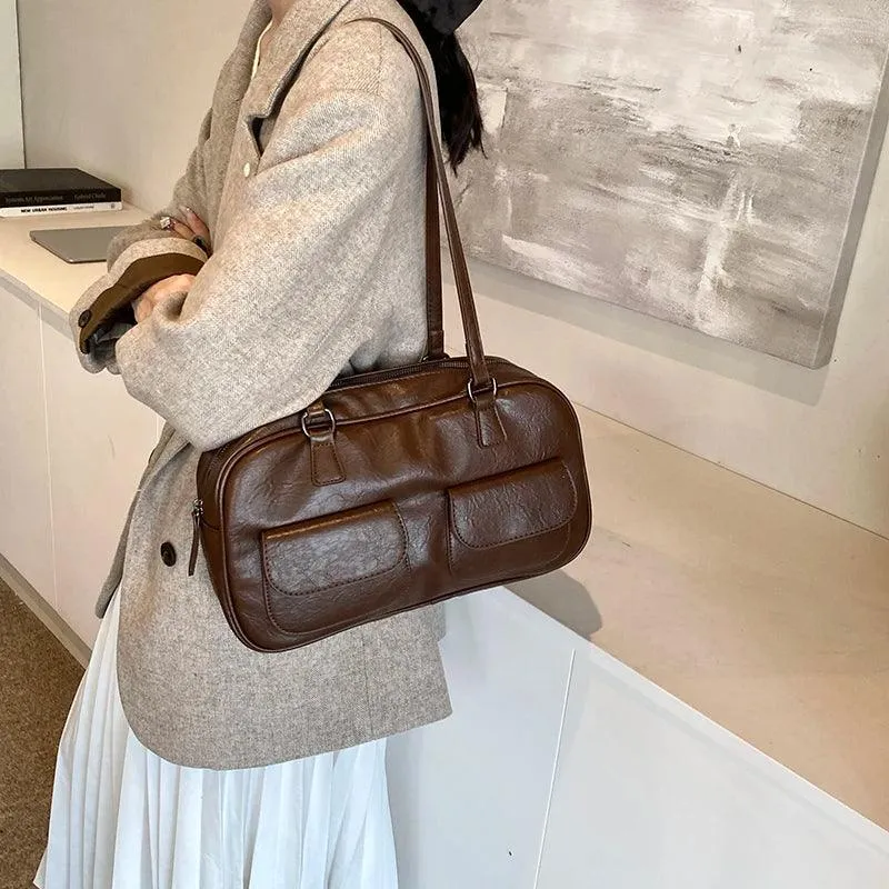 Leather Women Tote Bags Zipper Large Double Flap Outer Pocket Handbags