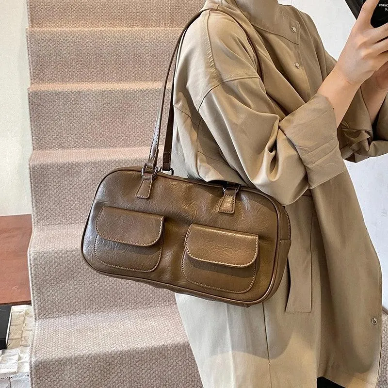 Leather Women Tote Bags Zipper Large Double Flap Outer Pocket Handbags