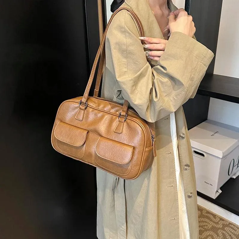 Leather Women Tote Bags Zipper Large Double Flap Outer Pocket Handbags