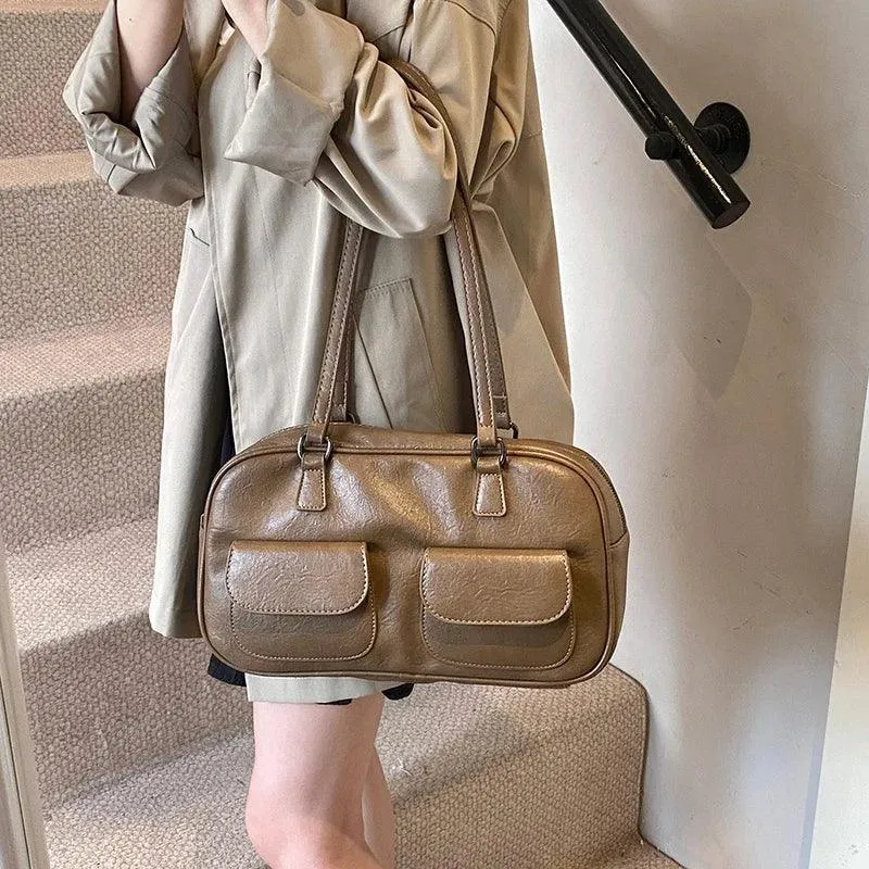 Leather Women Tote Bags Zipper Large Double Flap Outer Pocket Handbags