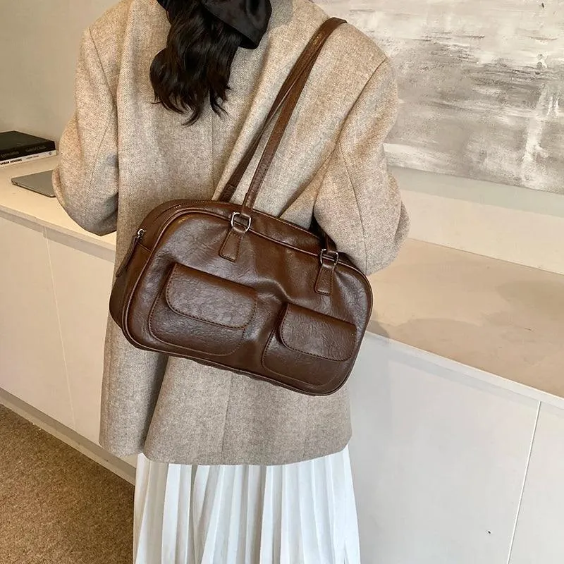Leather Women Tote Bags Zipper Large Double Flap Outer Pocket Handbags