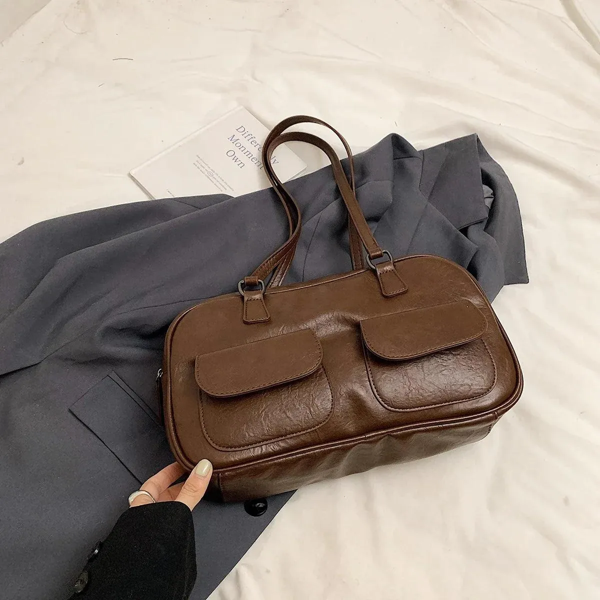 Leather Women Tote Bags Zipper Large Double Flap Outer Pocket Handbags