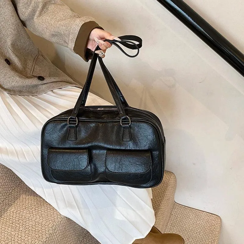 Leather Women Tote Bags Zipper Large Double Flap Outer Pocket Handbags
