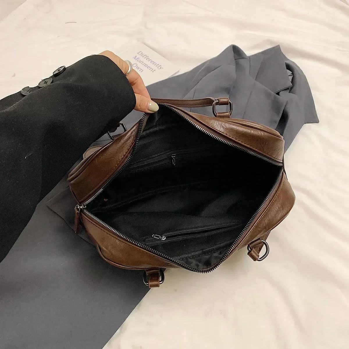 Leather Women Tote Bags Zipper Large Double Flap Outer Pocket Handbags