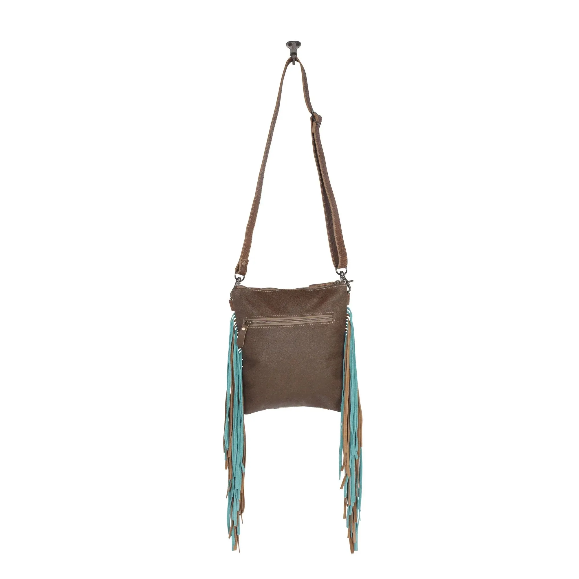 Leopard Prints Leather & Hairon Fringe Crossbody Bag