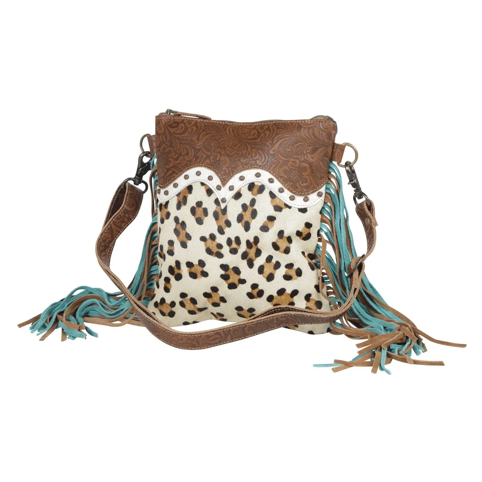 Leopard Prints Leather & Hairon Fringe Crossbody Bag
