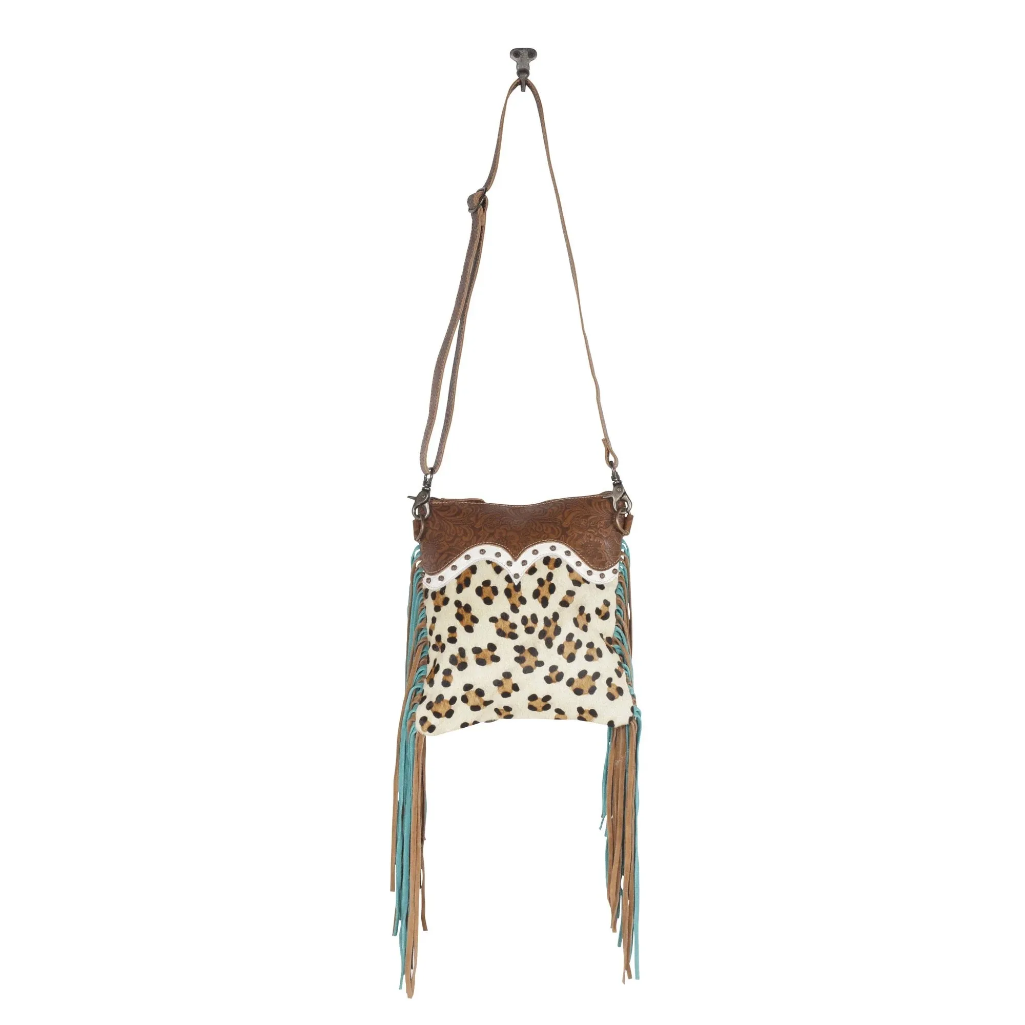 Leopard Prints Leather & Hairon Fringe Crossbody Bag