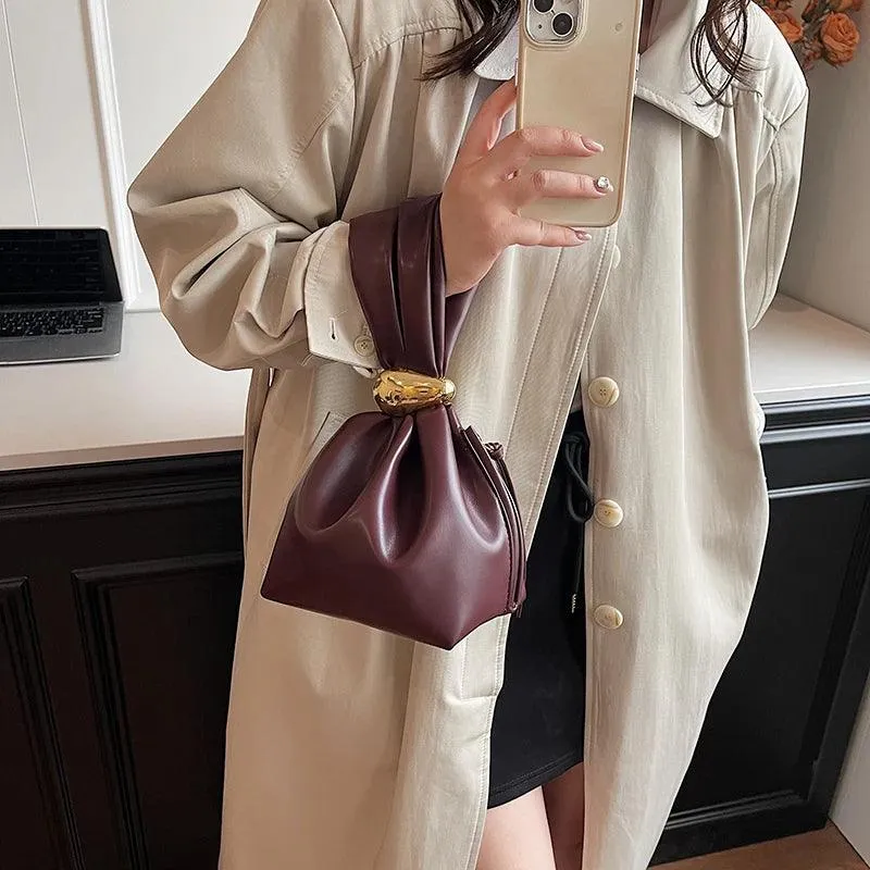 Mini Bow Tie Pouch Bag Wrist Handle Leather Zipper Tote Purse