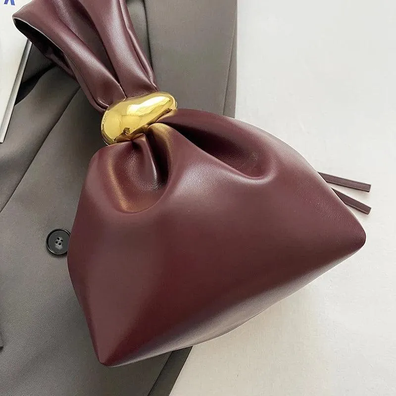 Mini Bow Tie Pouch Bag Wrist Handle Leather Zipper Tote Purse