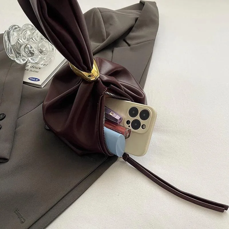 Mini Bow Tie Pouch Bag Wrist Handle Leather Zipper Tote Purse