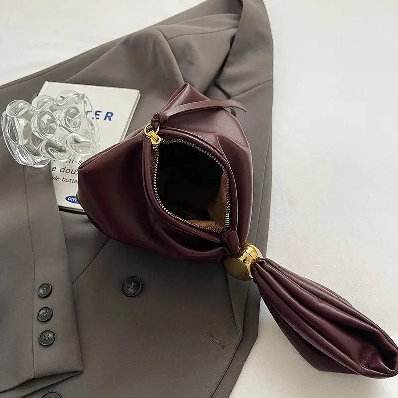 Mini Bow Tie Pouch Bag Wrist Handle Leather Zipper Tote Purse
