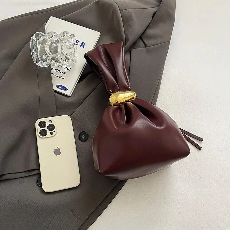 Mini Bow Tie Pouch Bag Wrist Handle Leather Zipper Tote Purse