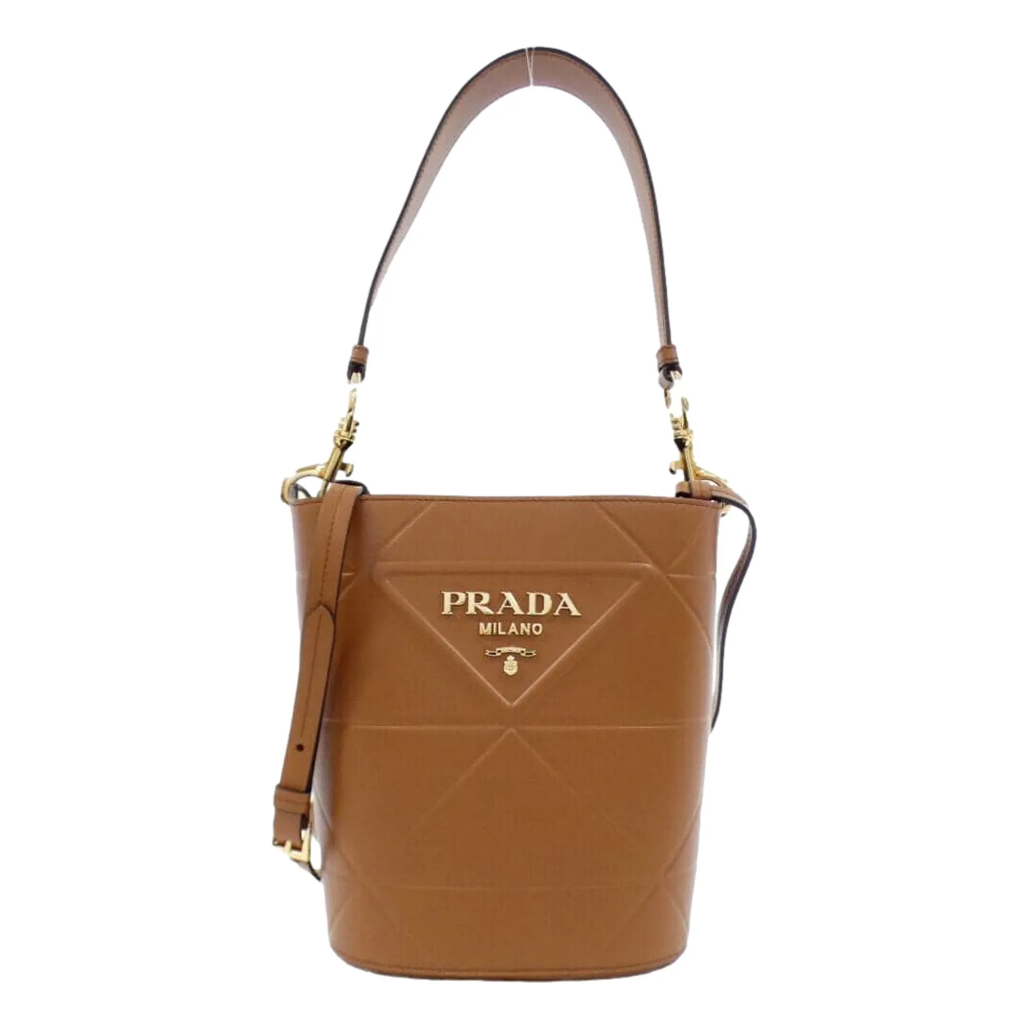 Prada Soft Calf Leather Bucket Crossbody Handbag Cognac Brown