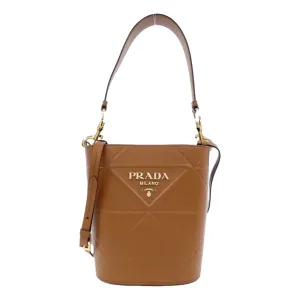 Prada Soft Calf Leather Bucket Crossbody Handbag Cognac Brown