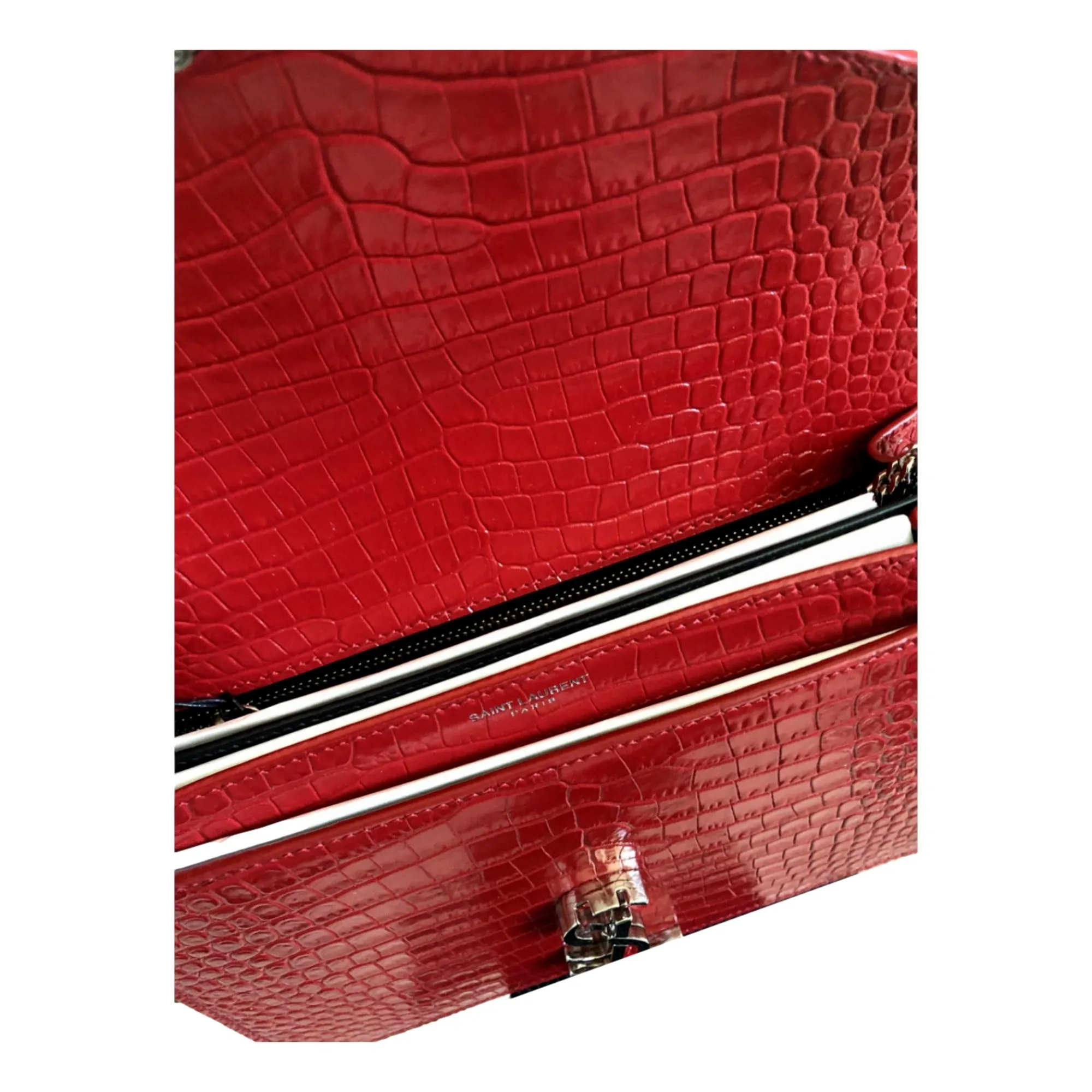 Saint Laurent Cassandra Red Croc Leather Medium Shoulder Bag