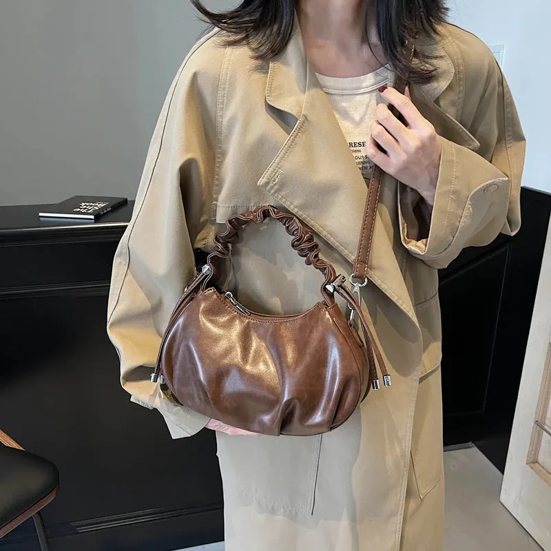 Small Leather Crossbody Bags Women Pleated Zipper Ruched Handle Crossbody Bags