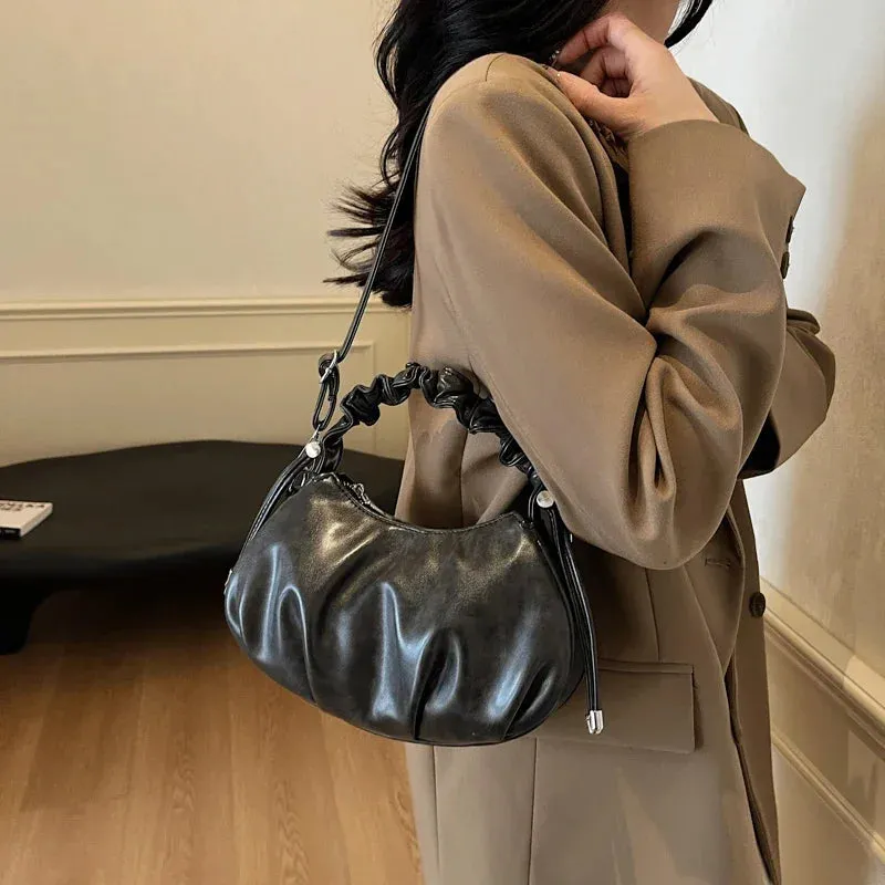Small Leather Crossbody Bags Women Pleated Zipper Ruched Handle Crossbody Bags