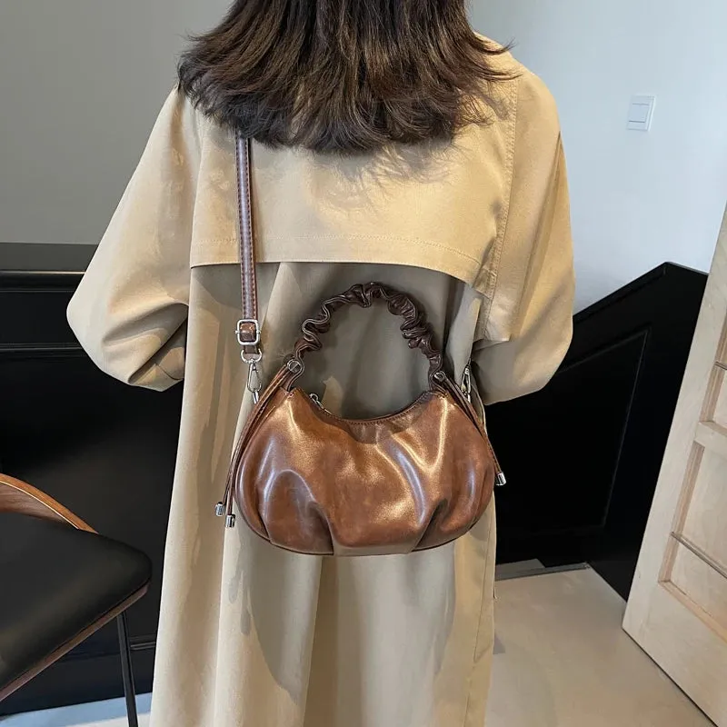 Small Leather Crossbody Bags Women Pleated Zipper Ruched Handle Crossbody Bags