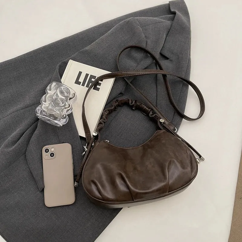 Small Leather Crossbody Bags Women Pleated Zipper Ruched Handle Crossbody Bags