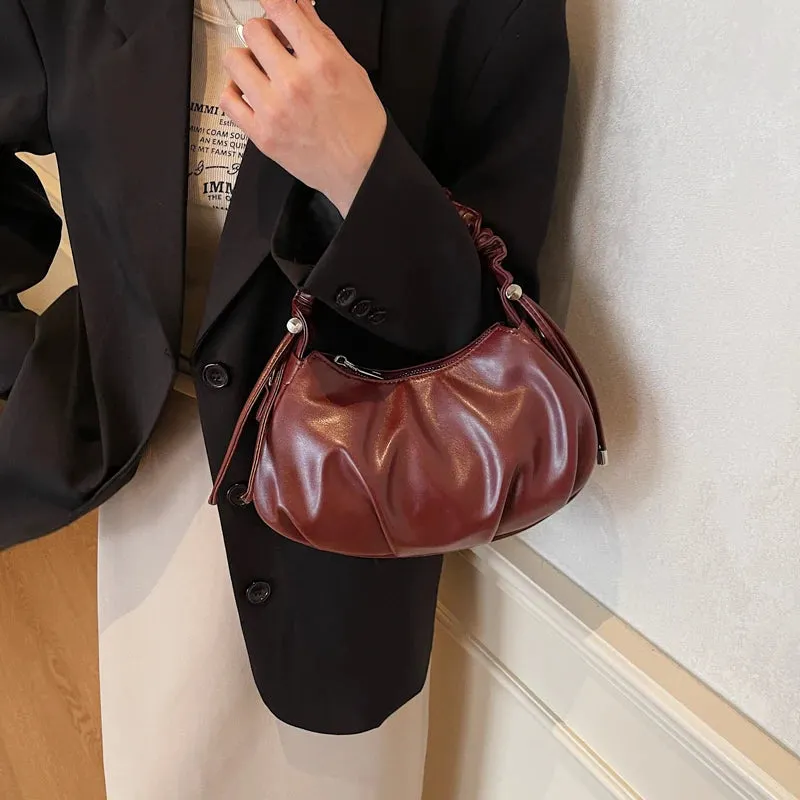 Small Leather Crossbody Bags Women Pleated Zipper Ruched Handle Crossbody Bags