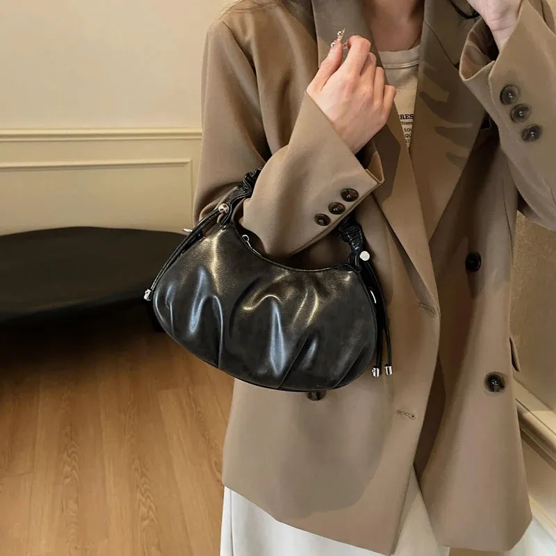 Small Leather Crossbody Bags Women Pleated Zipper Ruched Handle Crossbody Bags