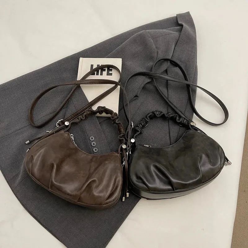 Small Leather Crossbody Bags Women Pleated Zipper Ruched Handle Crossbody Bags