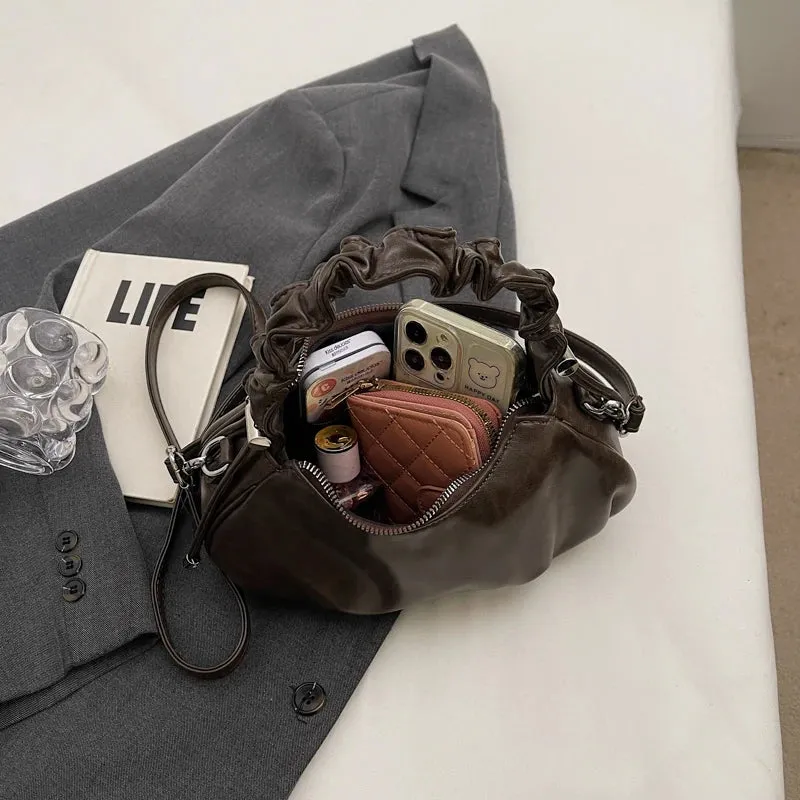 Small Leather Crossbody Bags Women Pleated Zipper Ruched Handle Crossbody Bags